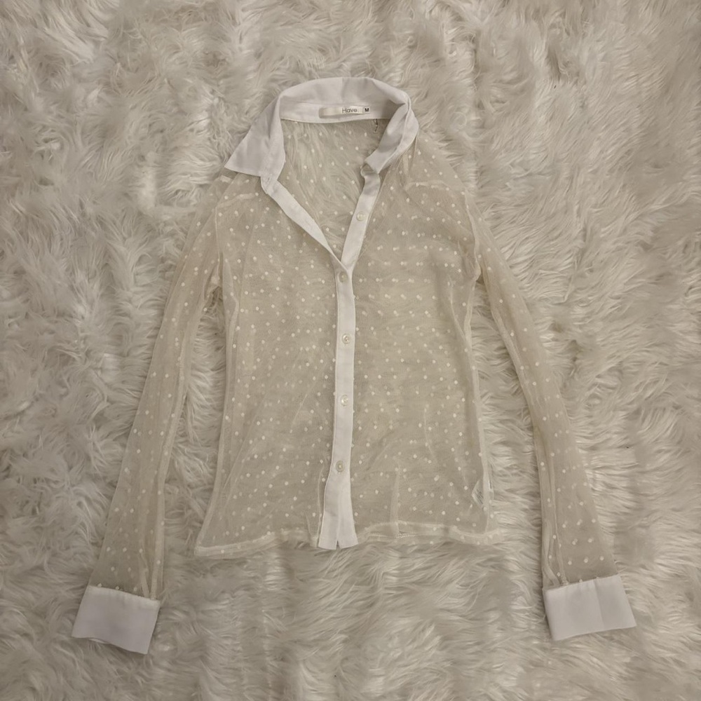 Forever 21 Sheer Dot-Textured Button Down Blouse in White